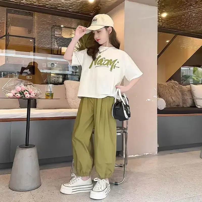 Girls Summer Casual 2Pcs Short Sleeved T-shirts+Jogging Pants Suits 3-13 Years Teenage Teenage Kids Oufits Sets Children Clothes