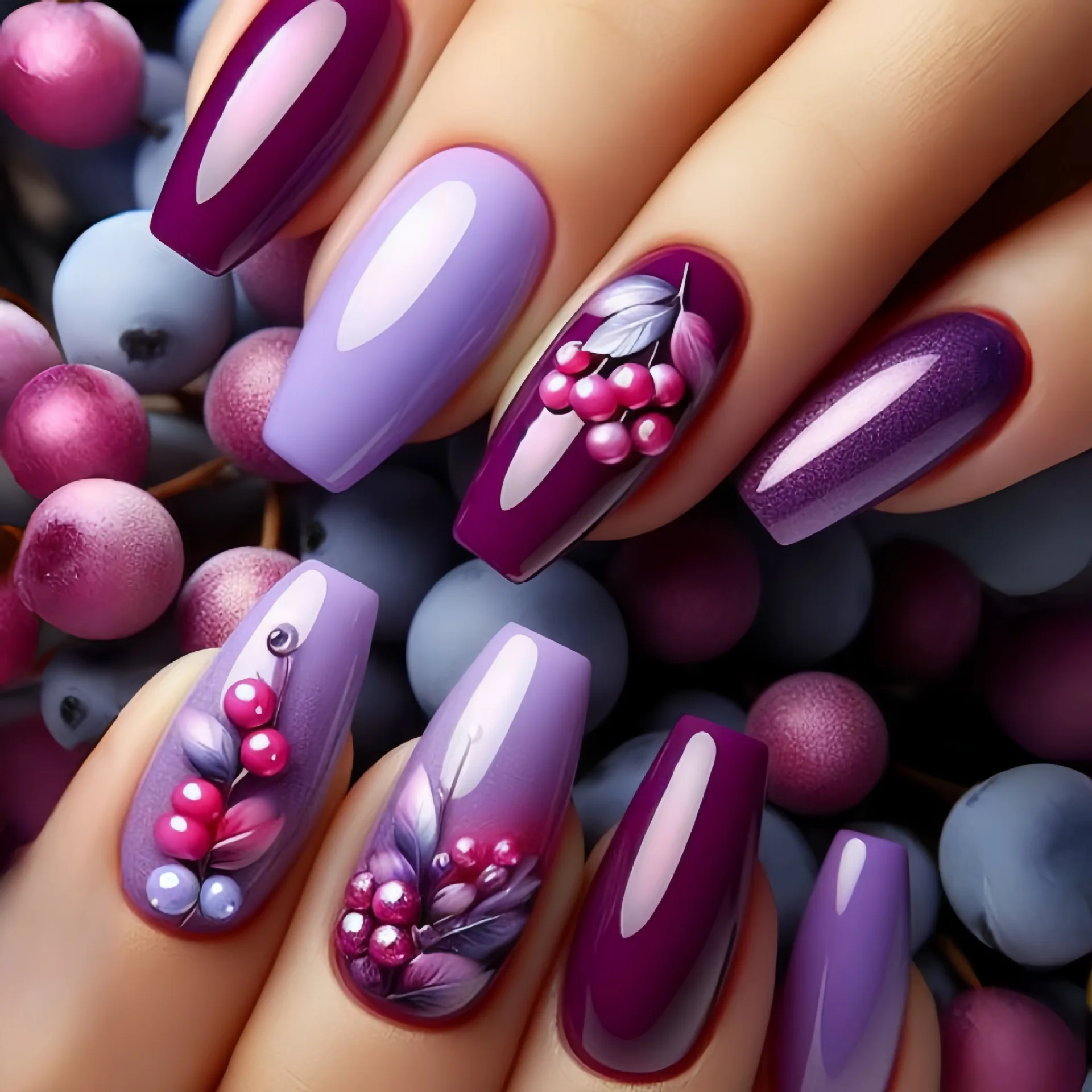 

24pcs Mid-length Ballet False Nails Sets Purple Press on Nails Fruit Stick on Nail Art Wearable Coffin Fake Nail Tips Finished