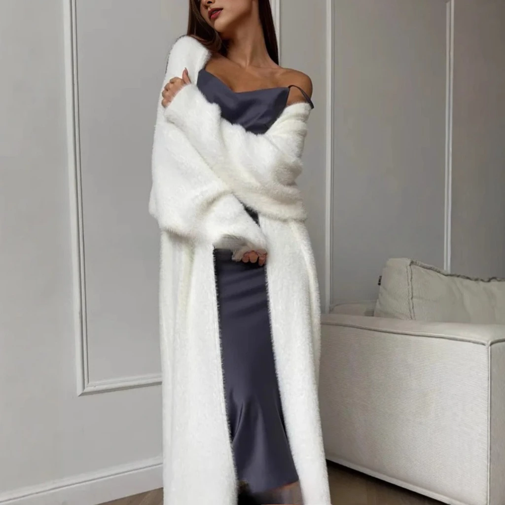 

Faux Mink White Knit Cardigan Coat Women Winter Fluffy Long Open Front Coat Soft Plush Robe Lounge Wear