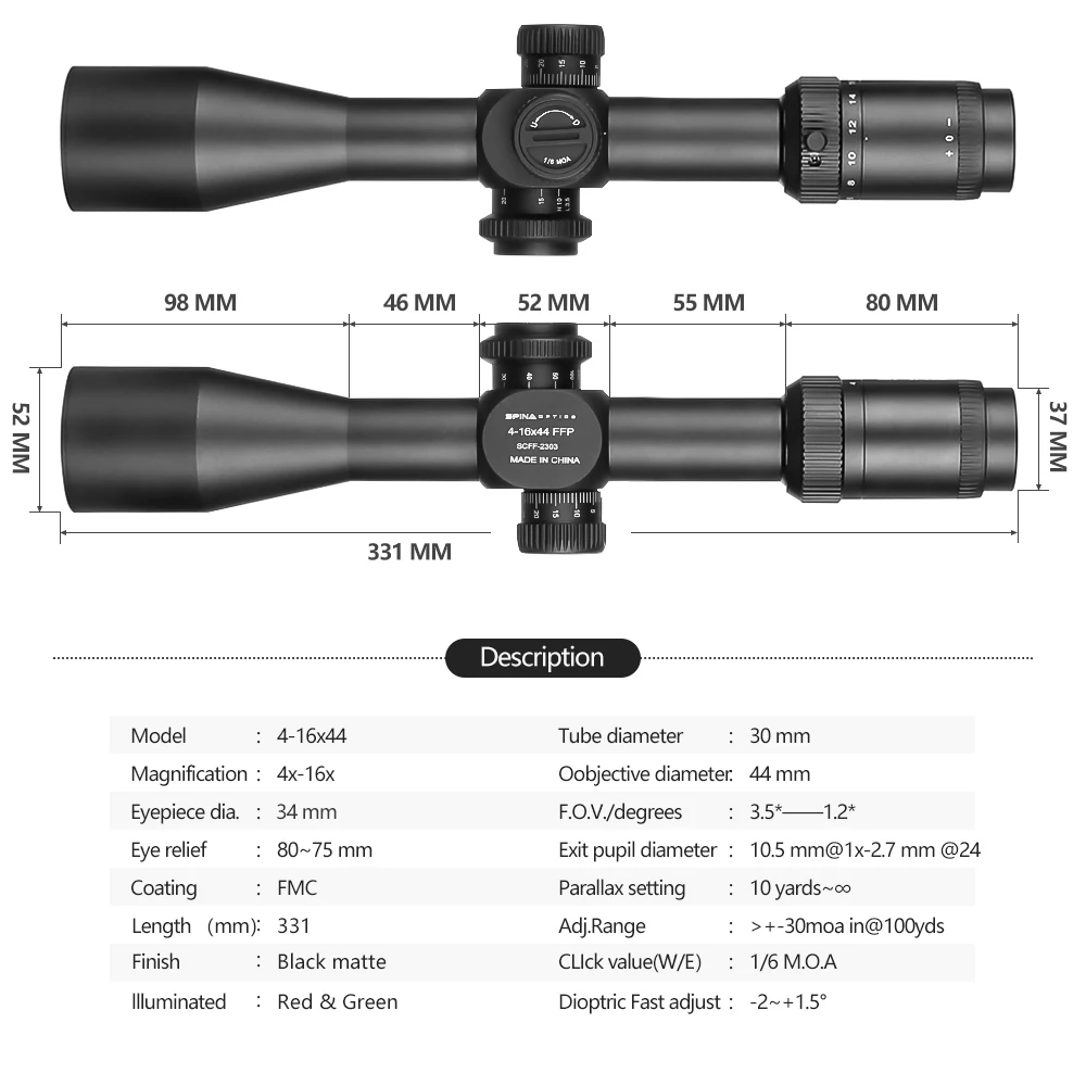 SPINA OPTICS HD WolfChase 4-16x44 FFP Lunette de Visée Tactique à Premier Plan Focal Réticule Gravé Parallaxe 10 yards 22LR .223 .308