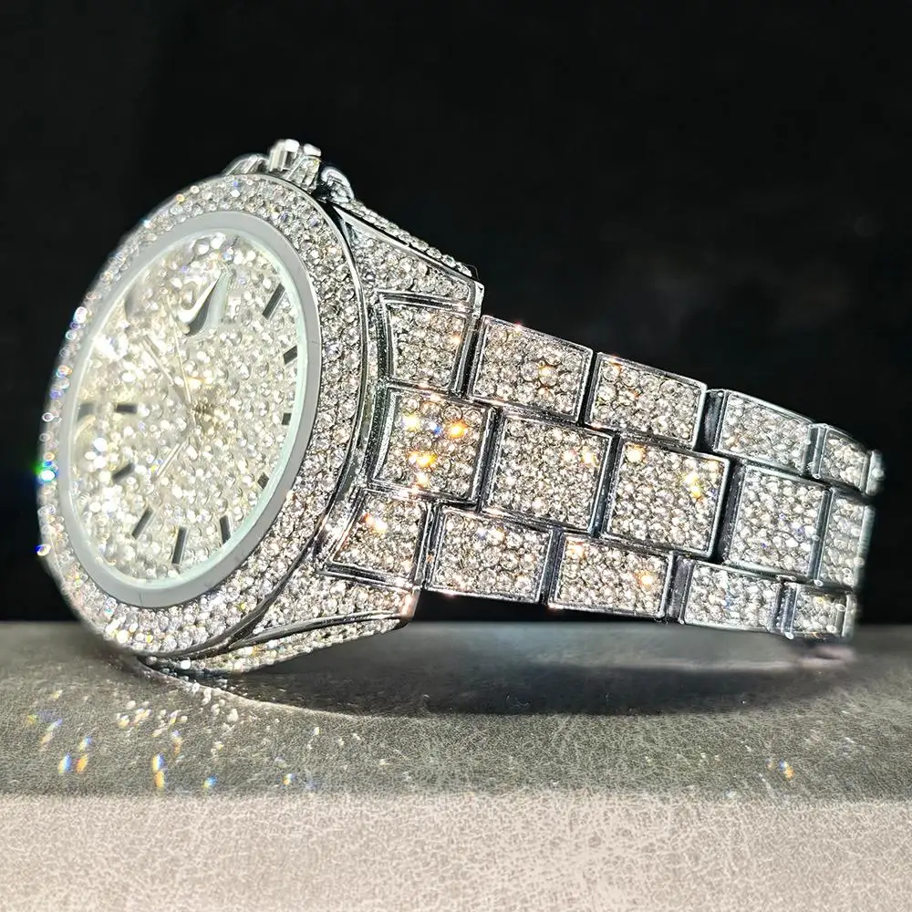 Reloj redondo de hielo a la moda novedosa para hombre, marca UNIGUET, relojes de acero de lujo, reloj de pulsera de cuarzo con diamantes completos de Hip Hop para hombre, triangulación de envíos