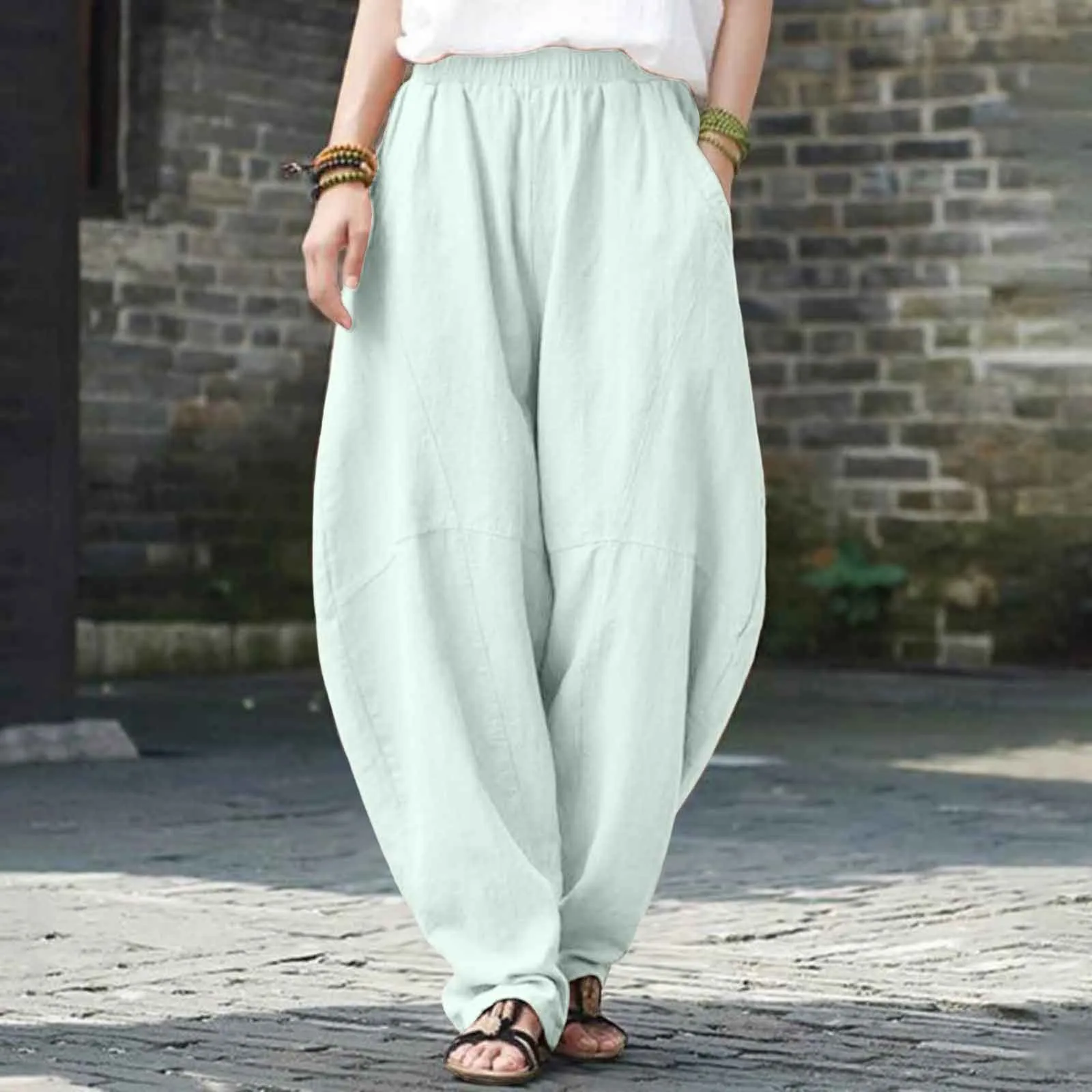 

Women's Pants 2024 Summer New Solid Colour Lantern Trousers Fashion Loose Casual High Waist Elastic Waist Pockets Trousers