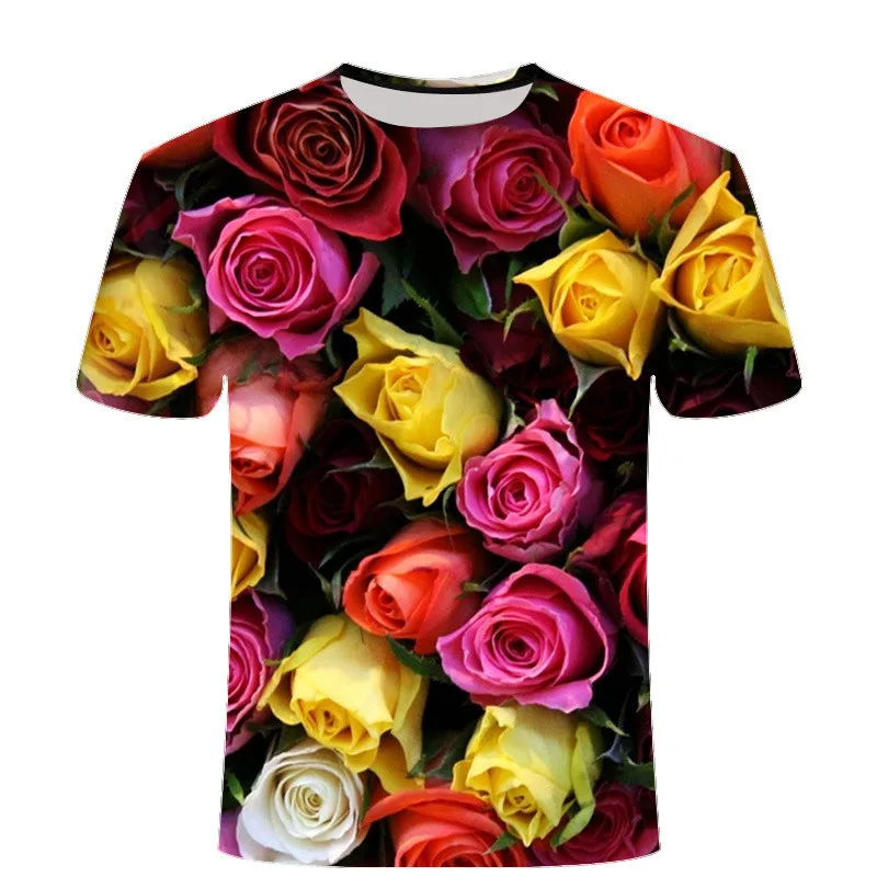 Big Size 3D Flower Print Men\'s Casual T-Shirts Large Size Short Sleeve Street Tops 6XL Oversized Rose Floral Printed Loose Tees