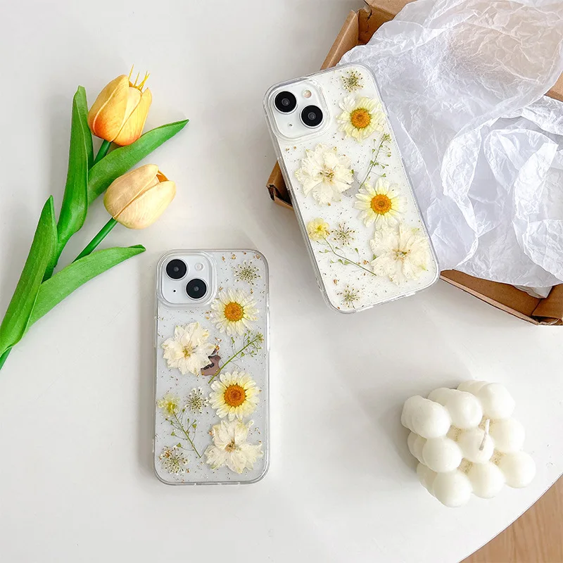 Fresh style daisy petal phone case suitable for iPhone 15, 14, 13, 12, 11 Pro Max Plus anti drop transparent protective case XS