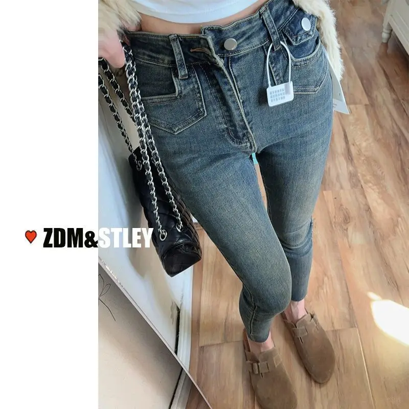 2025 женские осенне-зимние шикарные джинсы скинни на толстой флисовой подкладке с высокой талией