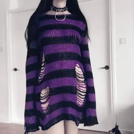 Spring Autumn Harajuku Gothic Girls Punk Purple Top Women Long Pullover Hole Striped Loose Knitted Jumpers Top