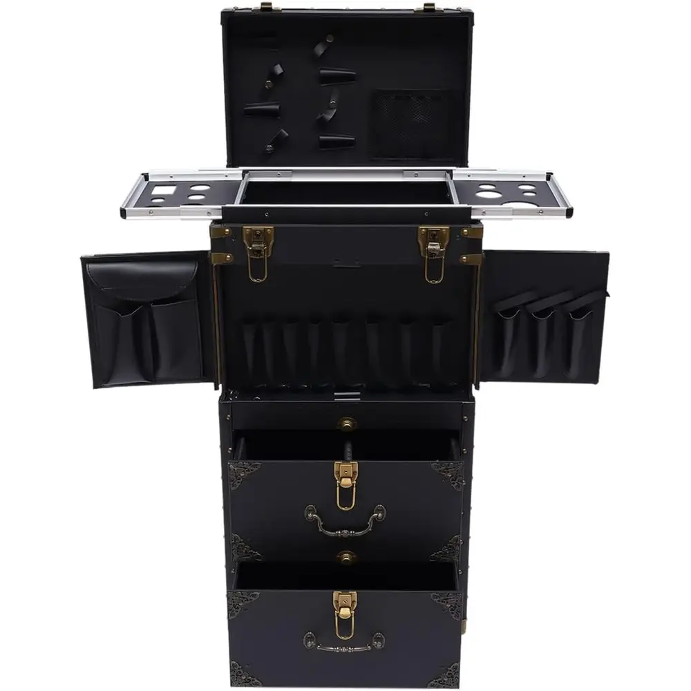 

Portable Lockable Makeup Train Case with Hairdryer Holder - Travel Organizer for Stylists, Beauty Professionals, and Barber Shop