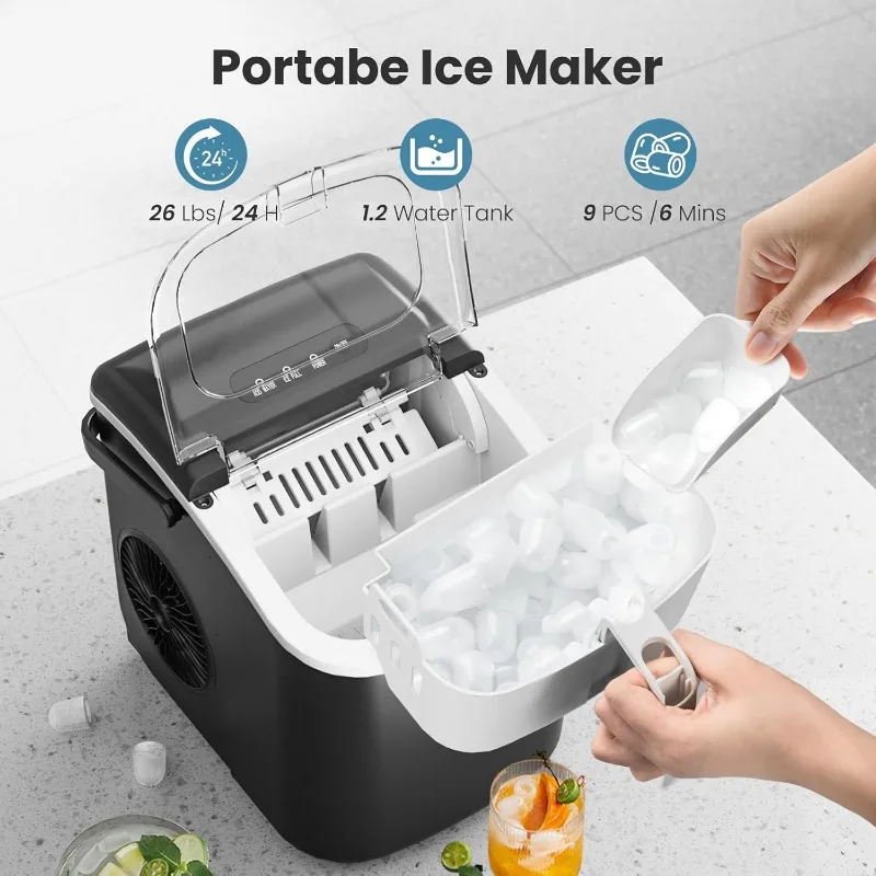 AGLUCKY Ice Makers Countertop,Portable Ice Maker Machine with Handle,Self-Cleaning  Maker, 26Lbs/24H, 9  Cubes Ready in