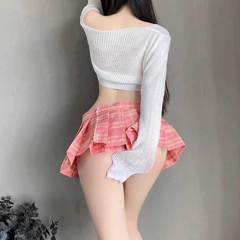 School Girls Cosplay Porno Women Sexy Lingerie Costume Sweater Tops with Plaid Skirt Panties Sets Student Uniform Role Play