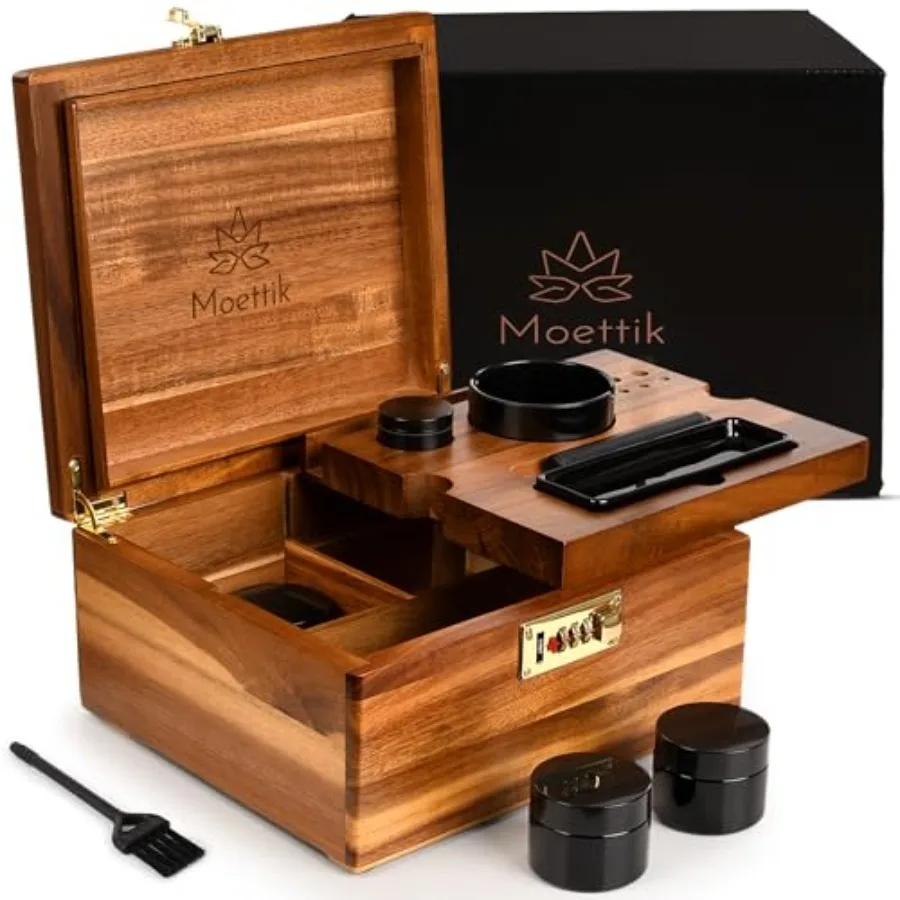 

Premium Acacia Stora ox Smell Proof Design wit lock and Accories Removale Wood Tray 3 Glass Jars Stora Tue Ceramic Tray Astray