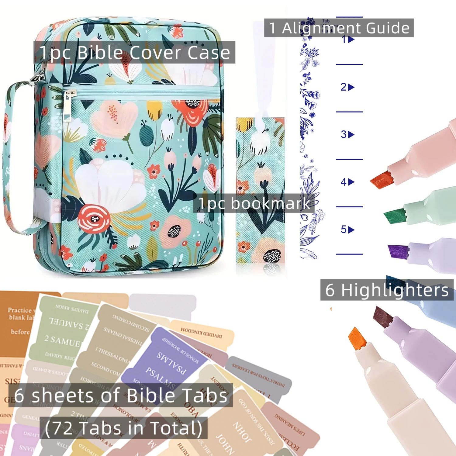 Bible Cover Case for Women 10'' Floral Carrying Book Case, 6 Pens, 72 Bible Tabs Bible Cover Bag Portable Book Cover