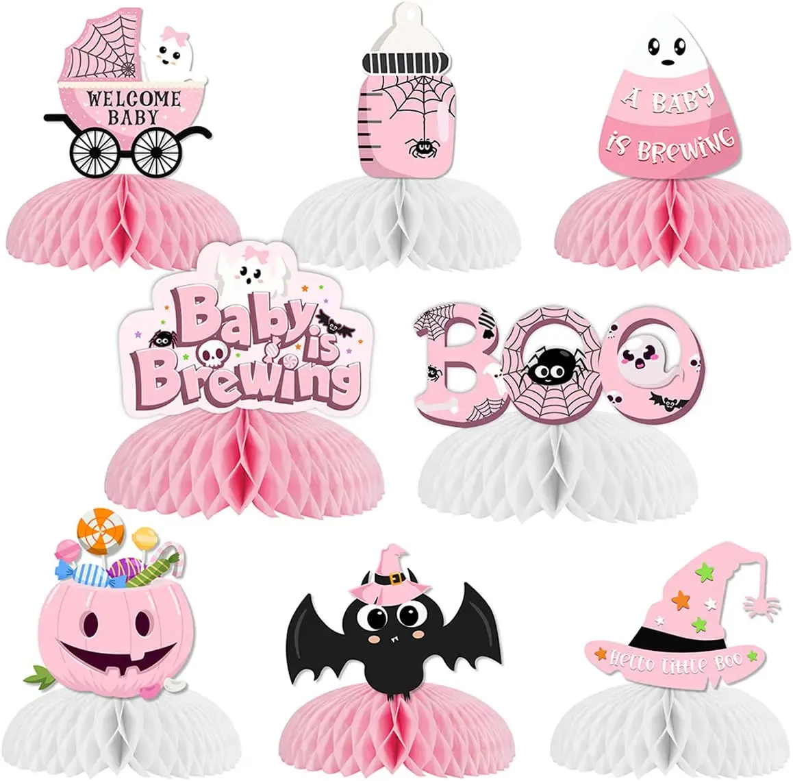 

A Baby Is Brewing Decorations for Girls, Baby Shower, Table Decor, Pumpkin Boo, Ghost Bat, Honeycomb Centerpieces, Pink, 8Pcs