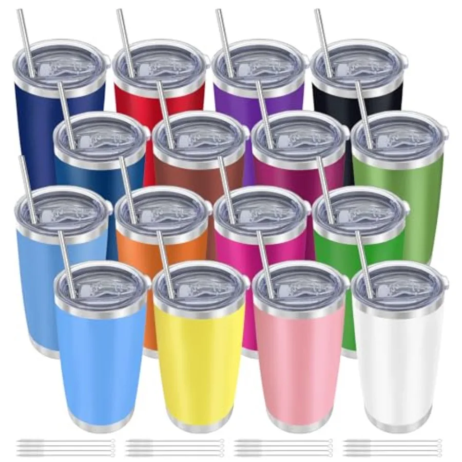 

16 Pack Insulated Coffee Tumbler - 20oz Stainless Steel Double Wall Vacuum Travel Tumbler Cup with Lid and Straw for Cold and H