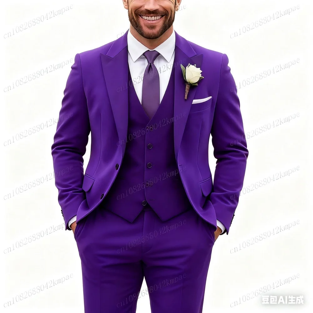 بدلة رسمية للرجال من المخمل الأرجواني مكونة من 3 قطع بدلة سوداء لحفلات الزفاف أفضل رجل لحفلات الكرة ملابس التدخين #4