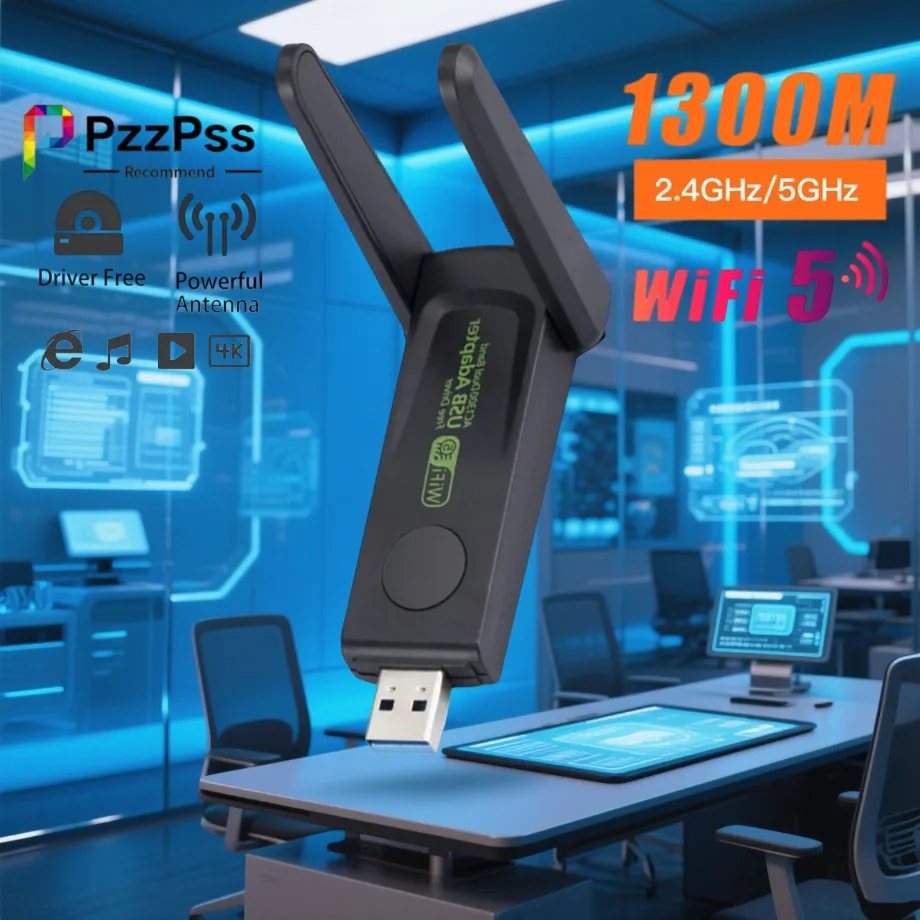 

PzzPss USB1300Mbps WiFi Adapter Dual Band 2.4G+5Ghz Wi-Fi Dongle 5 Antenna USB3.0 High Speed Wireless Card Receiver PC Laptop