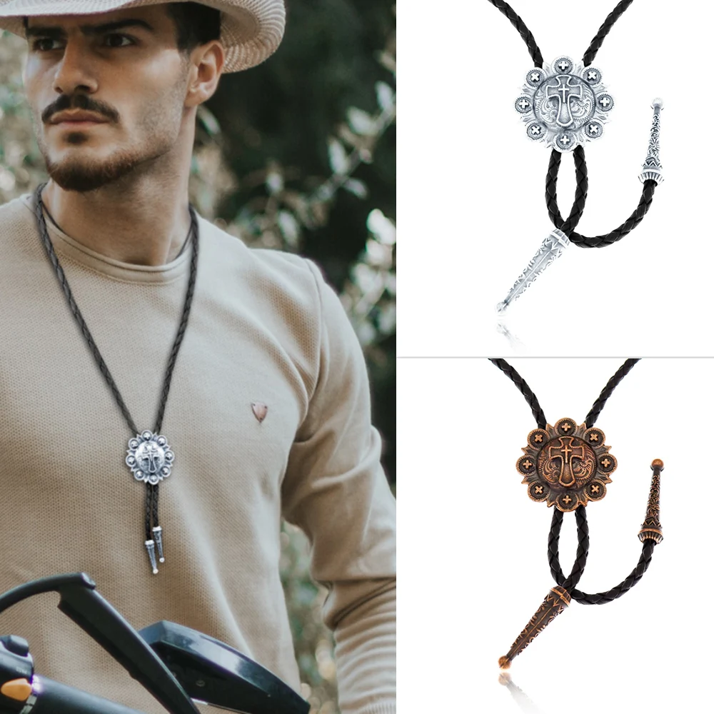 RechicGu Vintage Cross Star Pendant Bolo Tie Men Western Cowboy Handmade Leather Necktie Adjustable Rodeo Jewelry Accessories