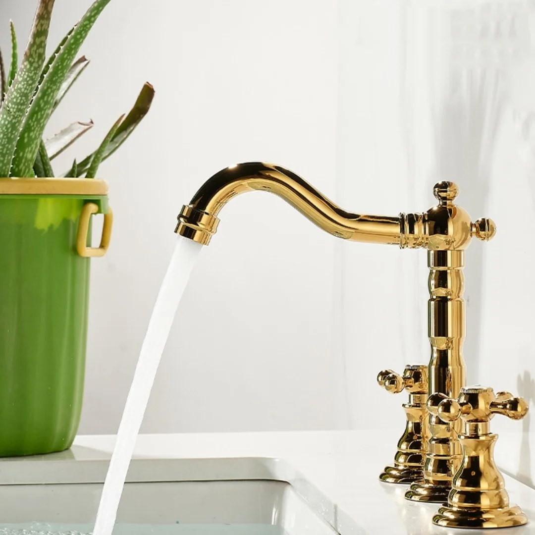 

Смеситель для ванной комнаты из латуни, золотой, для раковины, горячая и холодная вода, черный, широкоугольный, хромированный, для умывальника