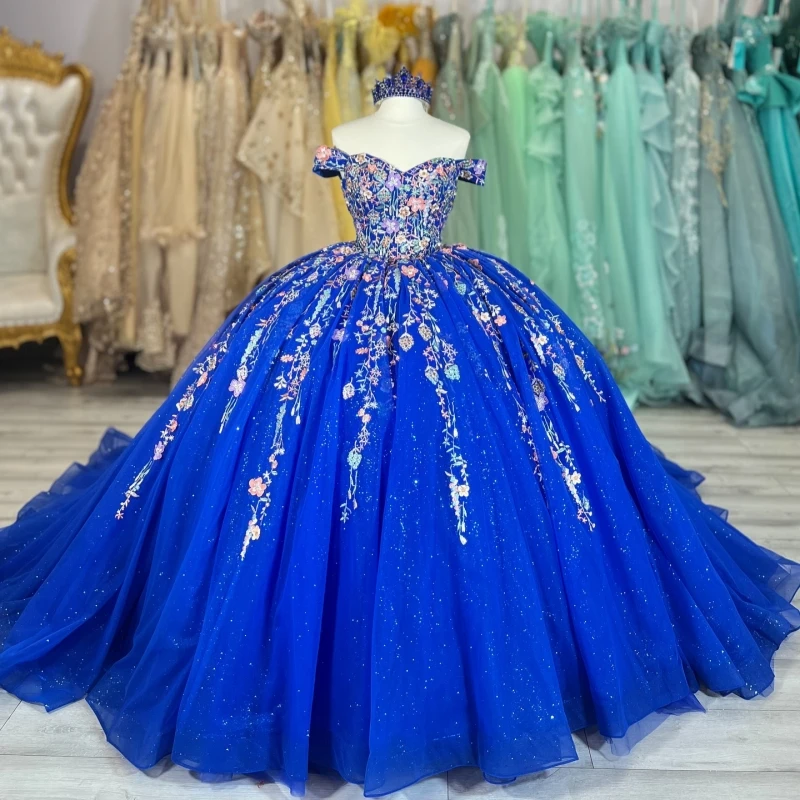 

Royal Blue Shiny Ball Gown Quinceanera Dresses Off The Shoulder Applique Lace Beads Tiered Tull Party Birthday Sweet 16 Dress