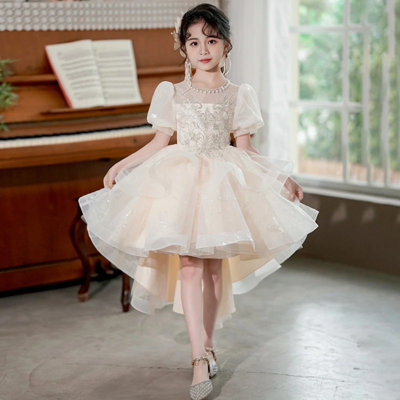 Flower Girl Dresses White Tulle Puffy Sequin Appliques With Tailing Short Sleeves For Wedding Birthday Holy Communion Gowns