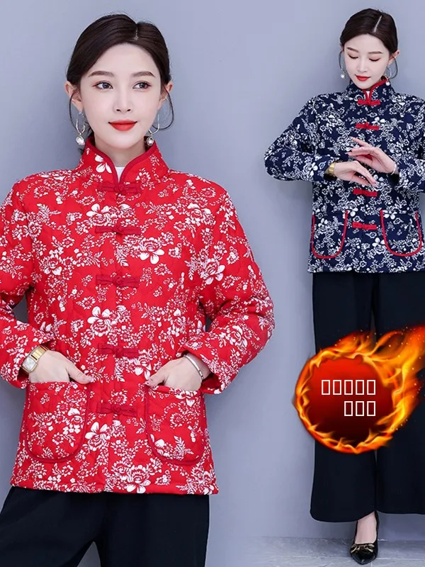 

Хлопковое пальто Thiened для женщин, с принтом, больших размеров, зимнее, винтажное, на пуговицах, и зимняя теплая верхняя одежда малых размеров