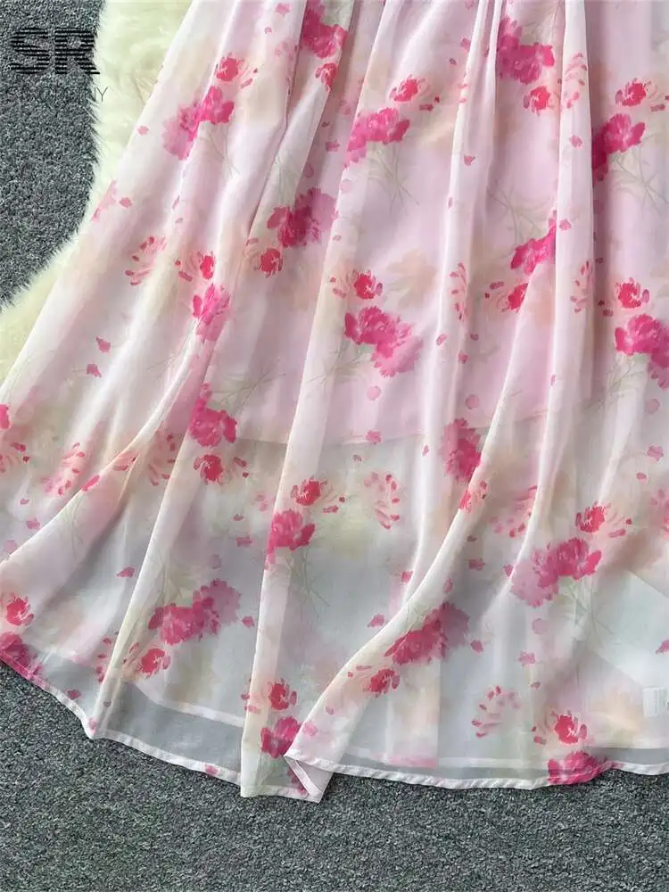 BabYoung Floral Vacation Chiffon Dress Sleeveless Strapless Zipper Design French Sundress Summer Beach Sexy Print Dresses