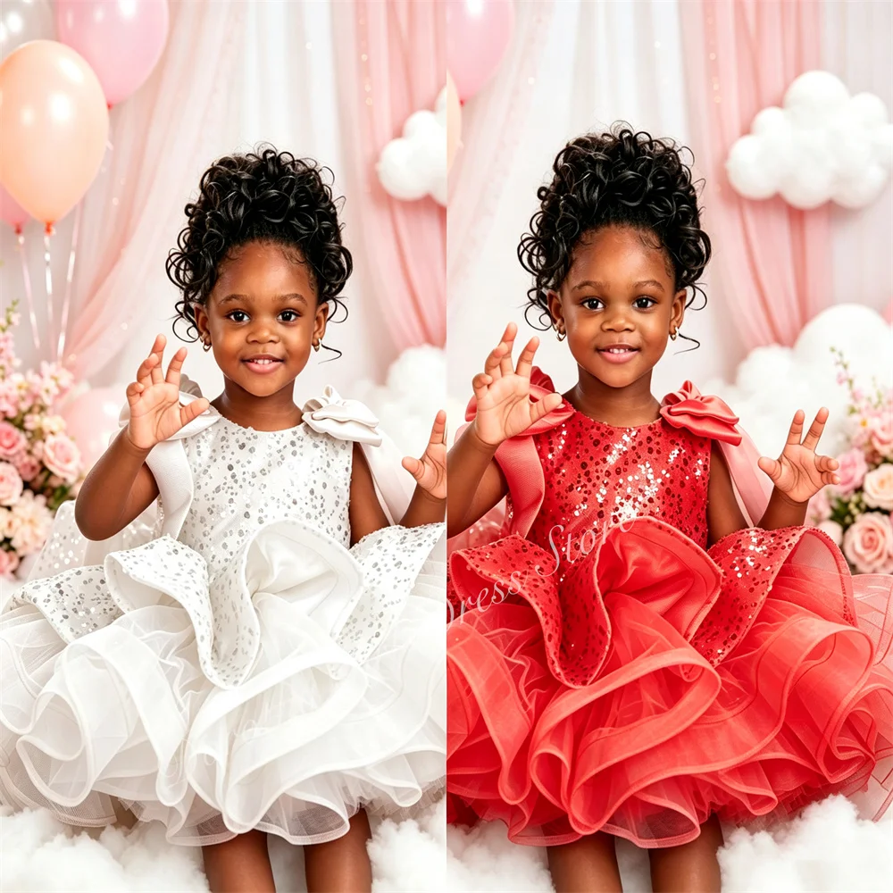 Sequined Tulle Ruffles Girls Birthday Party White Dress Bow Flower Girl Dresses for Wedding Prom Gown Customized