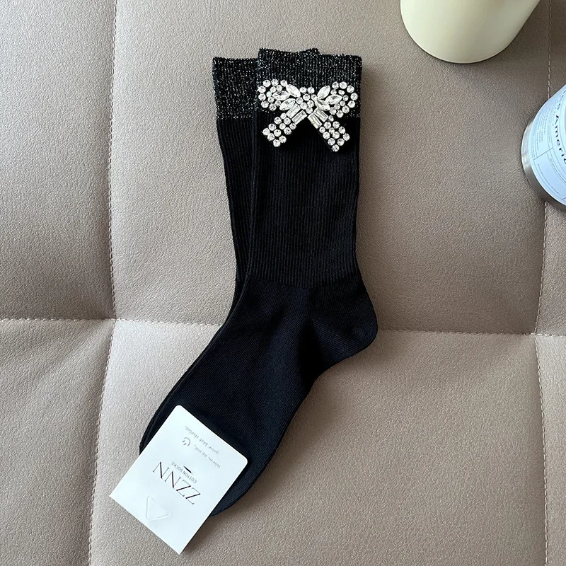 Bow Tie Crystal Rhinestone Charm Slouch Junk Socks Women