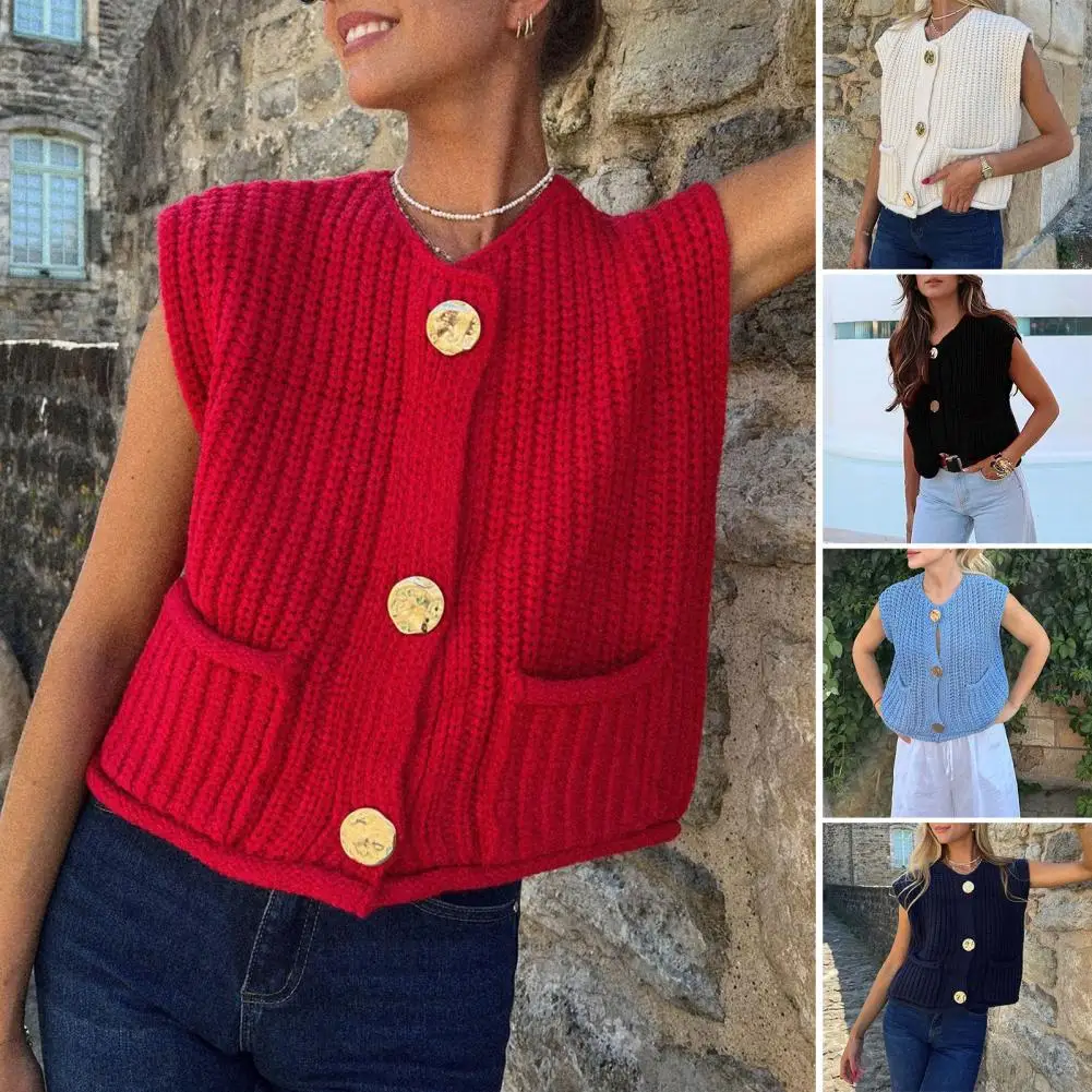 Knit Vests For Women Vintage Solid Metal Buttons Sweater With Pockets O Neck Sleeveless Waistcoat Crop Top Vest Cardigan