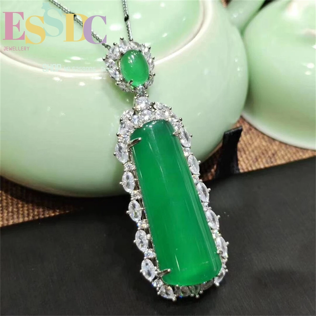 Natural Emperor Green Ice Chalcedony Pendant S925 Silver Inlaid Sweater Chain  Ladies Fashion Jewelry Wholesale  Charm Necklace