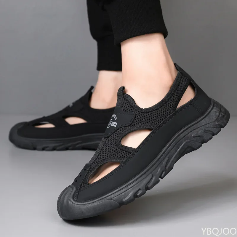 Men's Non Slip Sandals Summer Mesh Baotou Breathable Driving Hollow Outdoor Middle Aged Leisure Versatile Thick Bottom Sandals