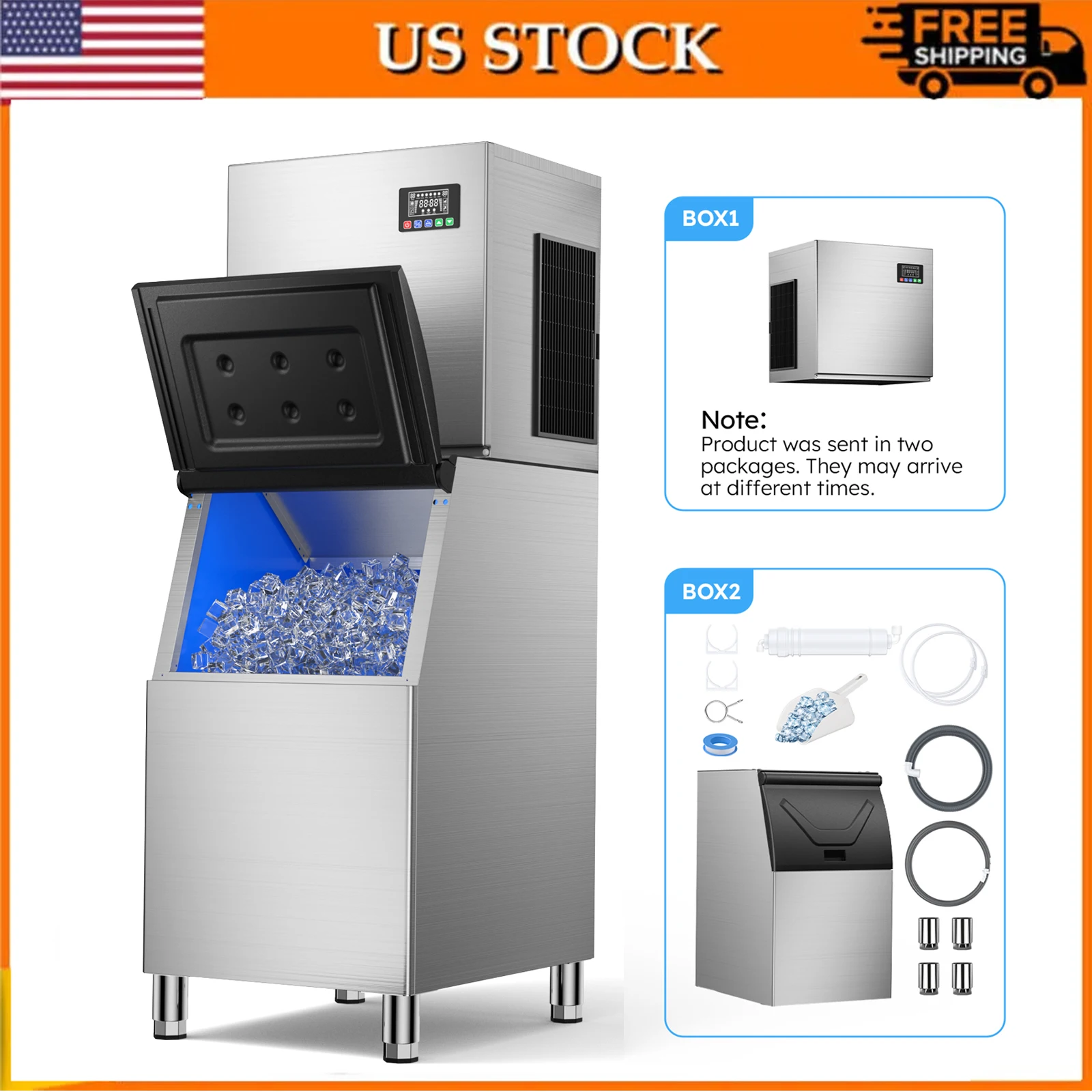 Commercial Ice Maker Machine 550LBS/24H with 350 LBS Large Storage Bin，Stainless Steel Ice Maker Auto Self-Cleaning