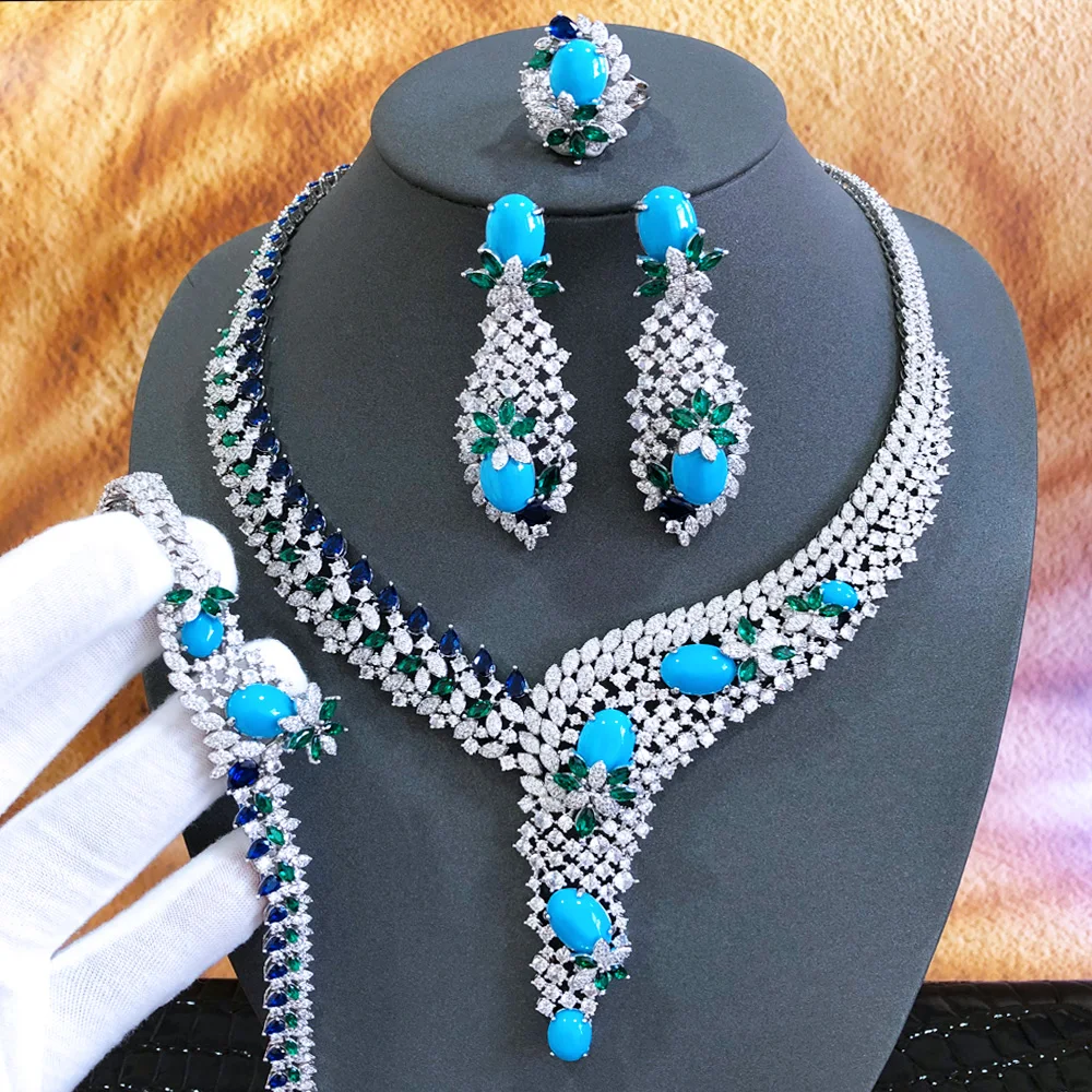 GODKI Famous Brand 4PCS Blue Turquoise Jewelry Sets For Women Wedding Party Zircon Crystal Dubai Bridal Jewelry Set Gift