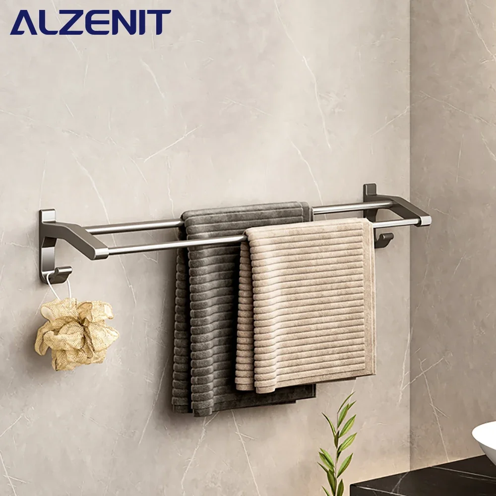 

Space Aluminum Towel Bar 40-60CM Gun Gray Double Rod With Hook Wall Mount Shower Rail Hanger Rack Bathroom Holder Accessories