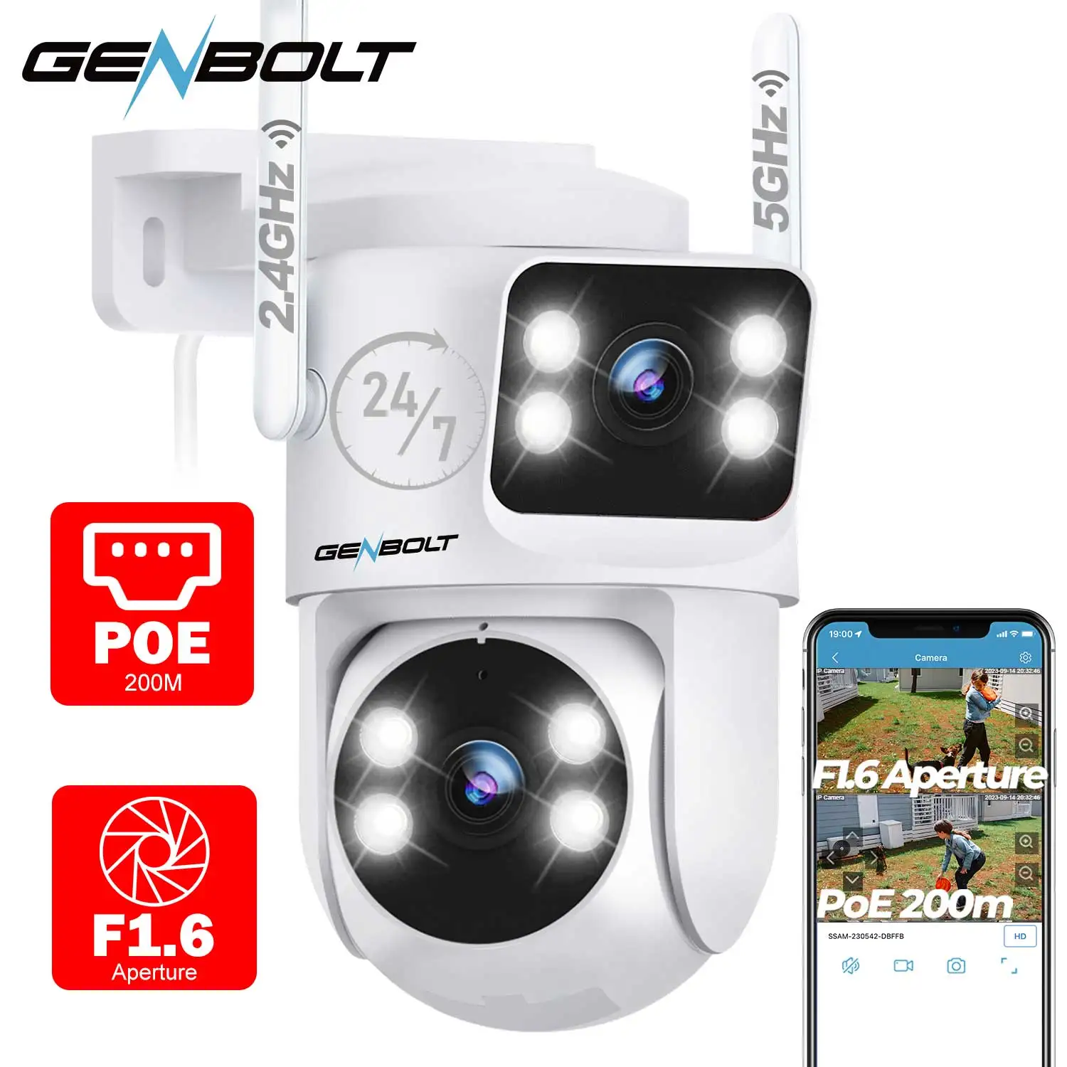 GENBOLT Dual Lens PTZ WiFi Camera Outdoor Dual View Security Cam Auto Tracking Color Night Vision Human Detection EU Plug