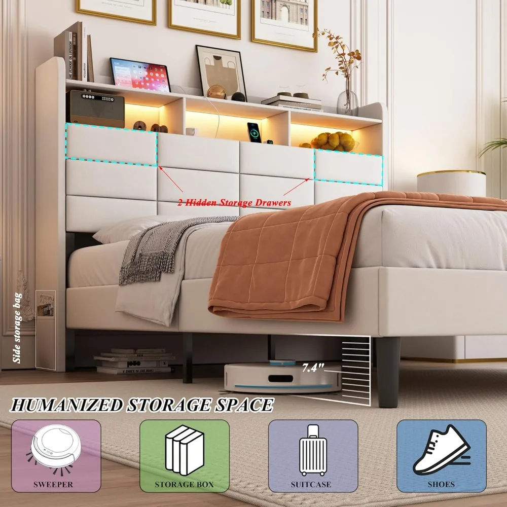 إطار سرير LED بحجم كوين مع مساحة تخزين ولوح رأسي مخملي ودرجين مخفيين ومحطة شحن #5