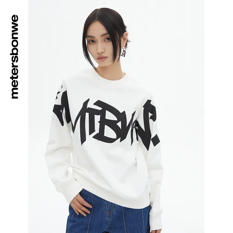 Metersbonwe-Women's Basic Round Neck Fit Version Pullover Graffiti Printing Wide Thread Tops Cute Playful Casual Spring