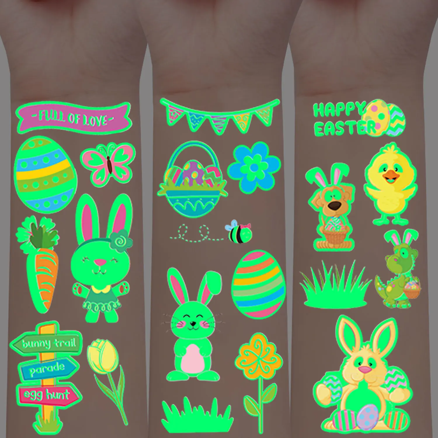

12 Sheets (112 Patterns) Glow in the Dark Easter Cartoon Temporary Tattoo Stickers, Waterproof Fun Art Decals with Bunny, Egg