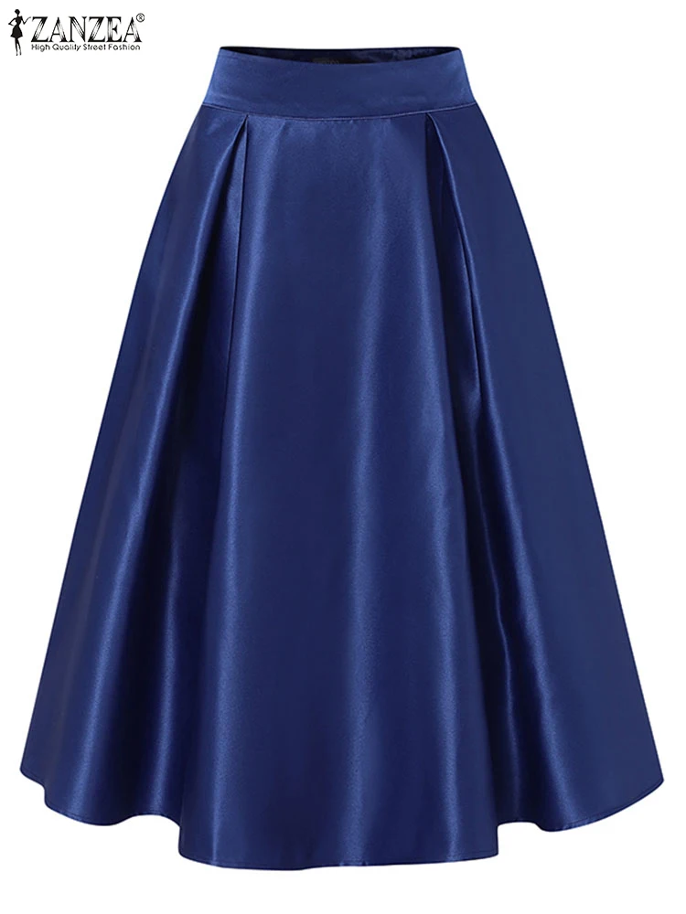 ZANZEA Vintage High Waisted Faldas Casual Loose Satin Silk Solid Color Skirt Women Pleating Swing Jupe Party A-line Overskirts