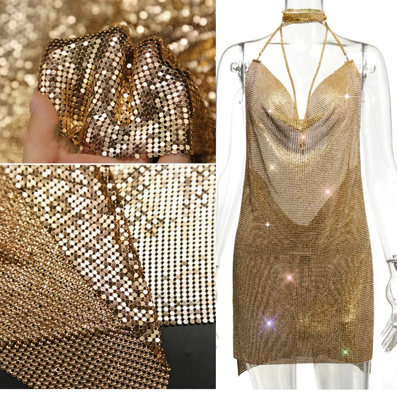 Sparkling Gold Aluminum Sequin Mesh Luxury Metallic Fabric for Statement Dresses And Garment Design 2 Pcs