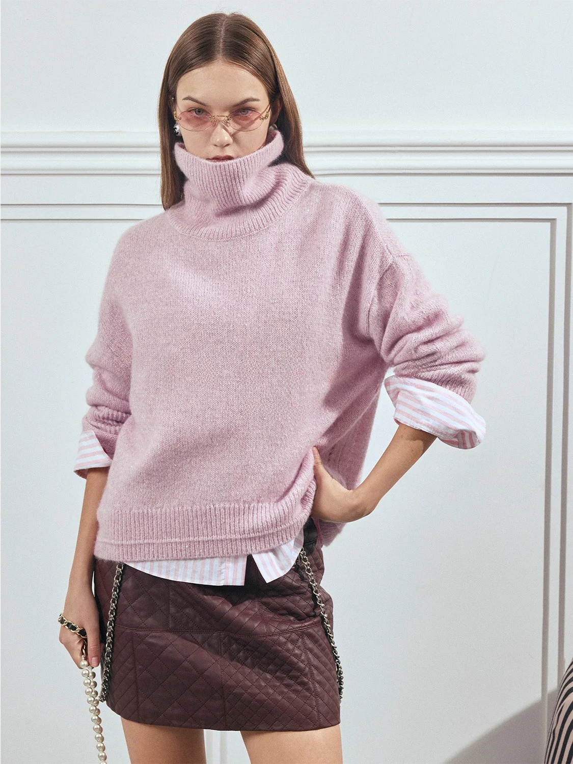 

Blanini Double Color QQ Candy Camere Wool Knitted Sweater High Ne-oulder Seven Needles Knittedwear for Women