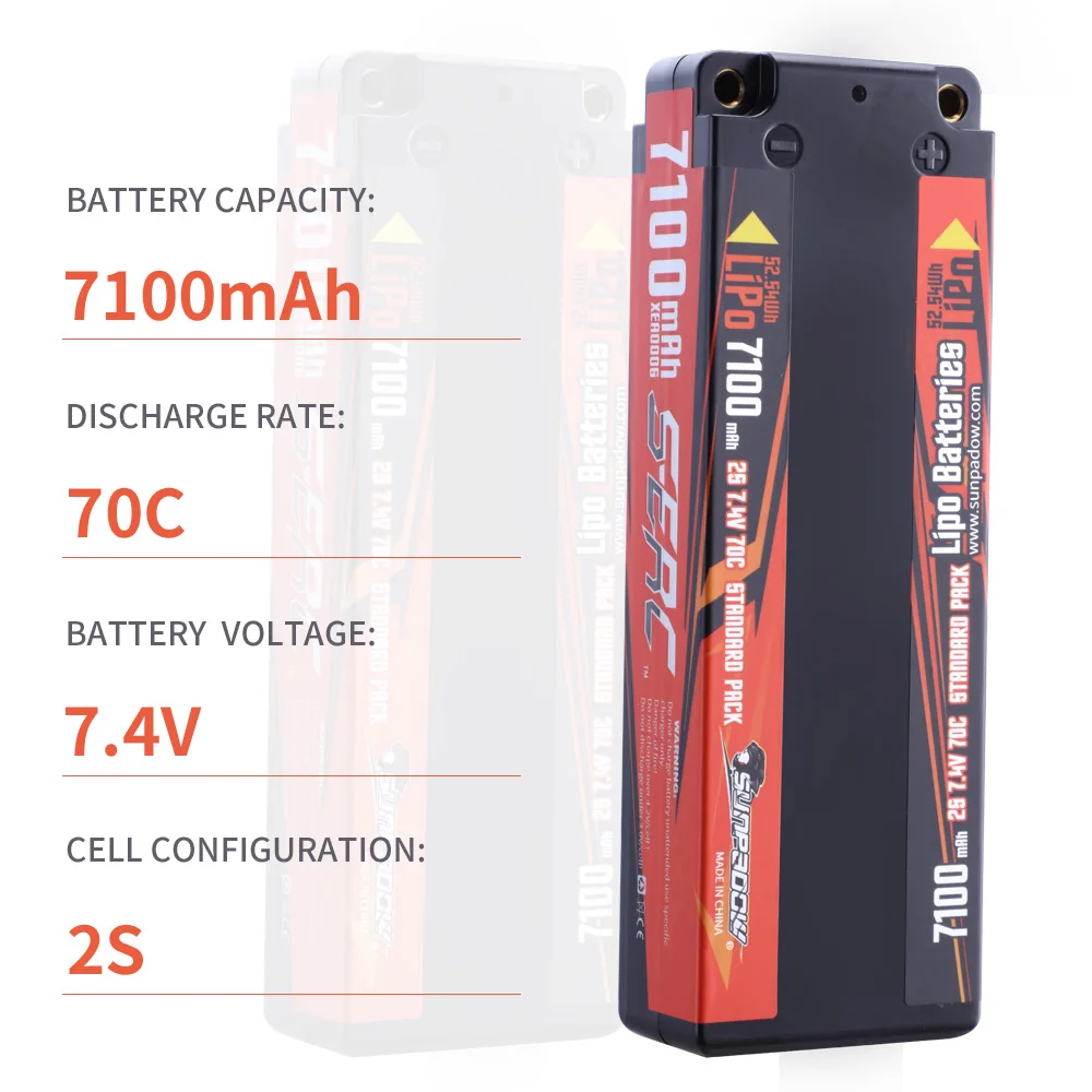 Sunpadow 7.4V 2S Lipo Battery 6100 7100mAh 70C Hard Case with 4mm Bullet for RC Vehicles Car Truck Tank Boat Truggy Buggy Hobby