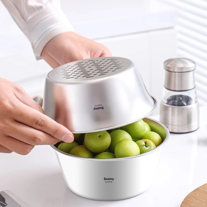 316 الفولاذ المقاوم للصدأ الفاكهة غسل وتصريف سلة الغذاء الصف صغيرة طبقة مزدوجة أطباق فاكهه حوض غسيل الخضروات الصغيرة جديد