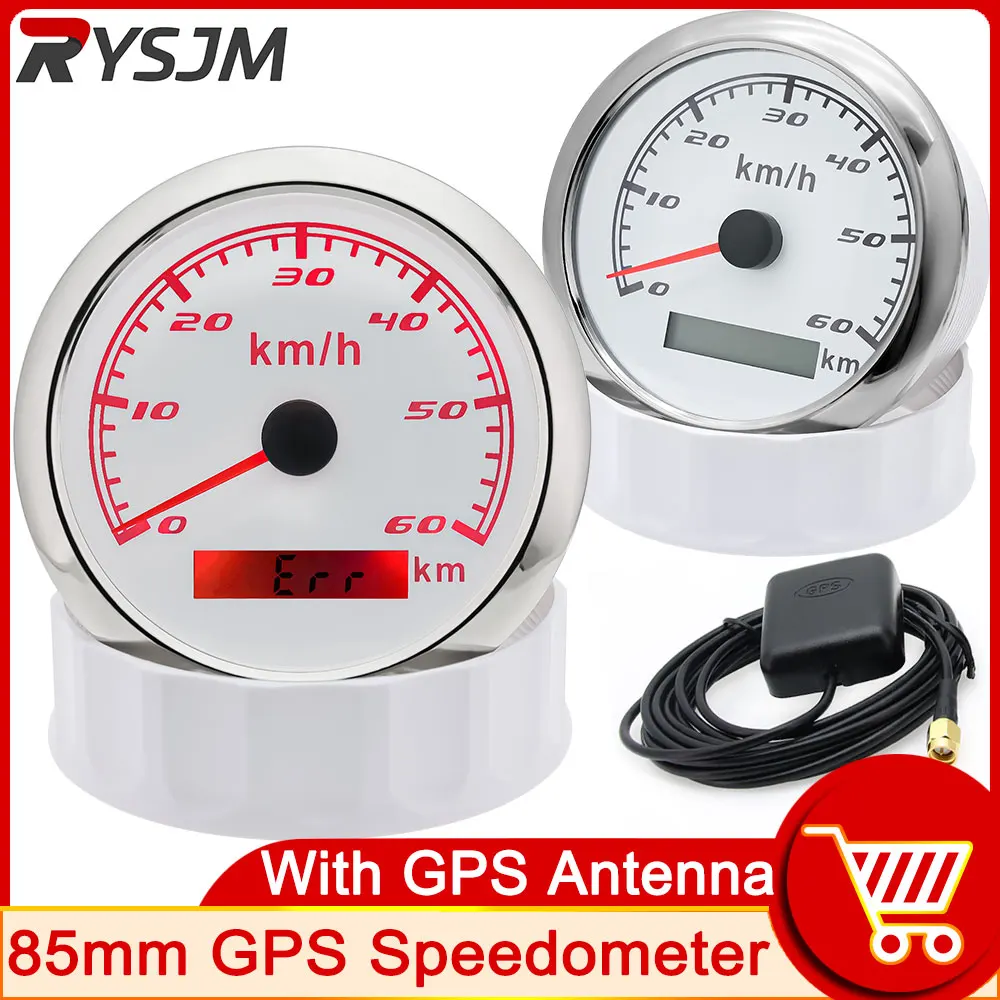 HD 85mm Car Boat GPS Speedometer + GPS Antenna Odometer 0-60 km/h 12V/24V with Red Backlight for Motorcycle Yacht Vessel Vehicle