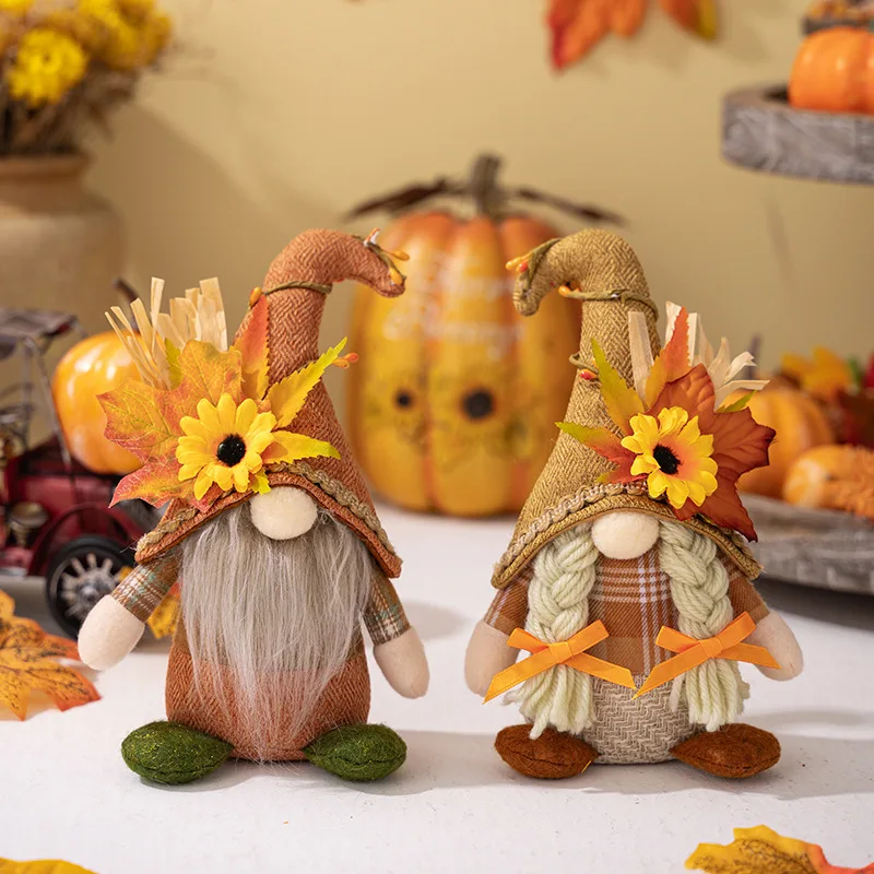 

Thanksgiving Decoration Dwarf Ornament Harvest Season Maple Leaf Sunflower Standing Posture Faceless Doll Bent Hat Rudolf