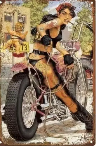 MOTORCYCLE METAL TIN SIGN SEXY PIN UP ON MOTORCYCLE SMOKING CIGAR GARAGE ART