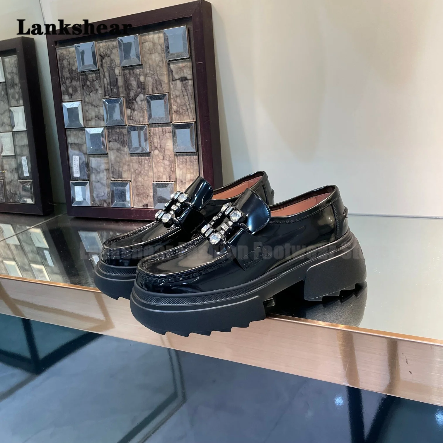 Patent Leather Thick Sole Loafer Leather Shoes Women's Casual Shoes Autumn New Square Buckle Rhinestones British Single Shoes