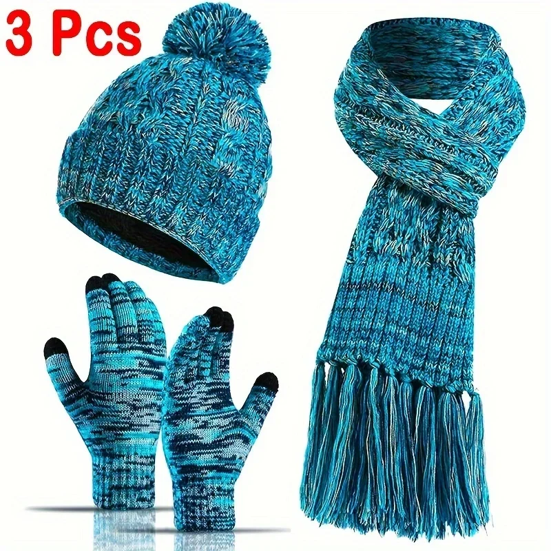 3Pce Autumn Winter Warm Thickened Fleece Lined Knit Hat Split Finger Touchscreen Gloves Scarf Combination