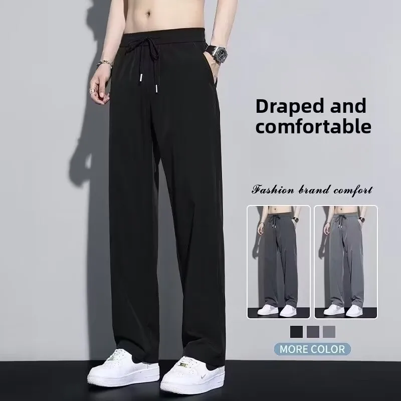 Men Spring Summer Fall Pants Thin Loose Elastic Waist Casual Long Trousers Straight Leg Draping Sweatpants Breathable Soft Pants