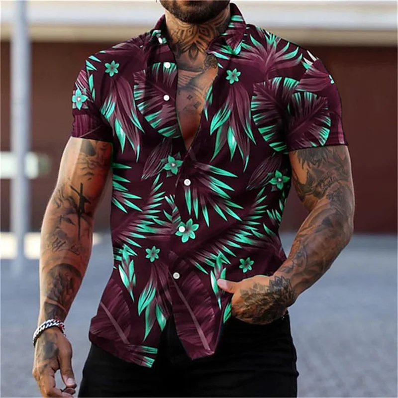 Camisa havaiana com padrão vegetal colorido masculino, floral, folha, impresso em 3D, mangas curtas, tops soltos de lapela, blusa Aloha, blusa