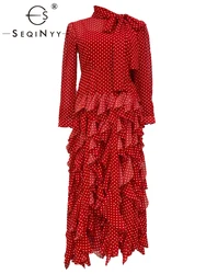 SEQINYY Elegant Long Dress Summer Spring New Fashion Design Women Runway High Street Vintage Dot Ruffles Cake Party  Bow